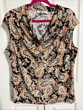 Kasper Black Paisley Cowl Neck Sleeveless Top